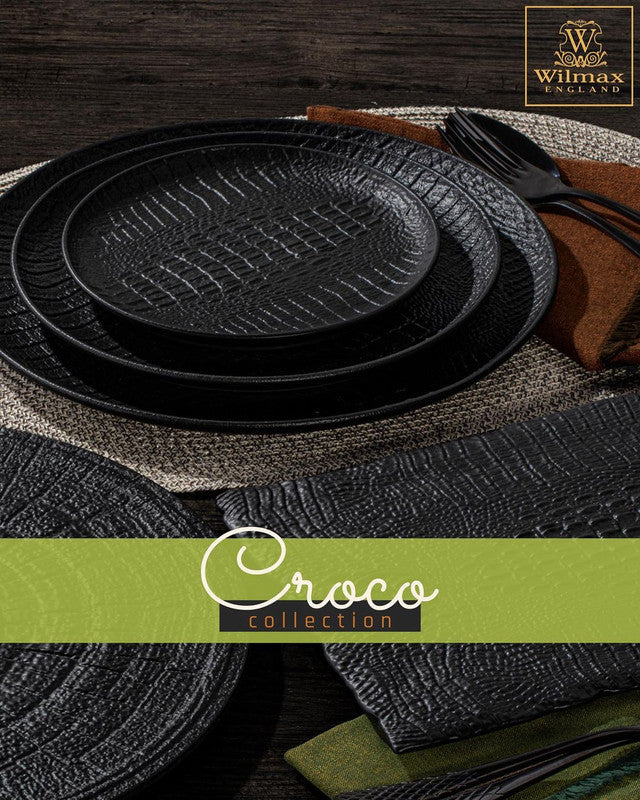Black Porcelain Slate look Round Plate / Platter With Crocodile Skin Texture 13" inch | 33 Cm - greensift