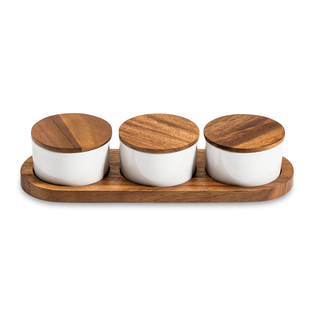 Condiment Serving Set  3 Ceramic Bowls with Lids  13" x 3.75" - greensift