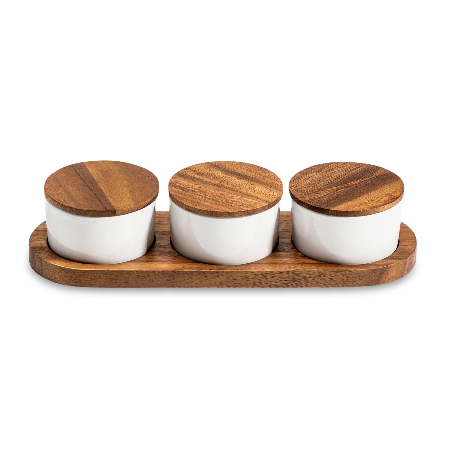Condiment Serving Set  3 Ceramic Bowls with Lids  13" x 3.75" - greensift
