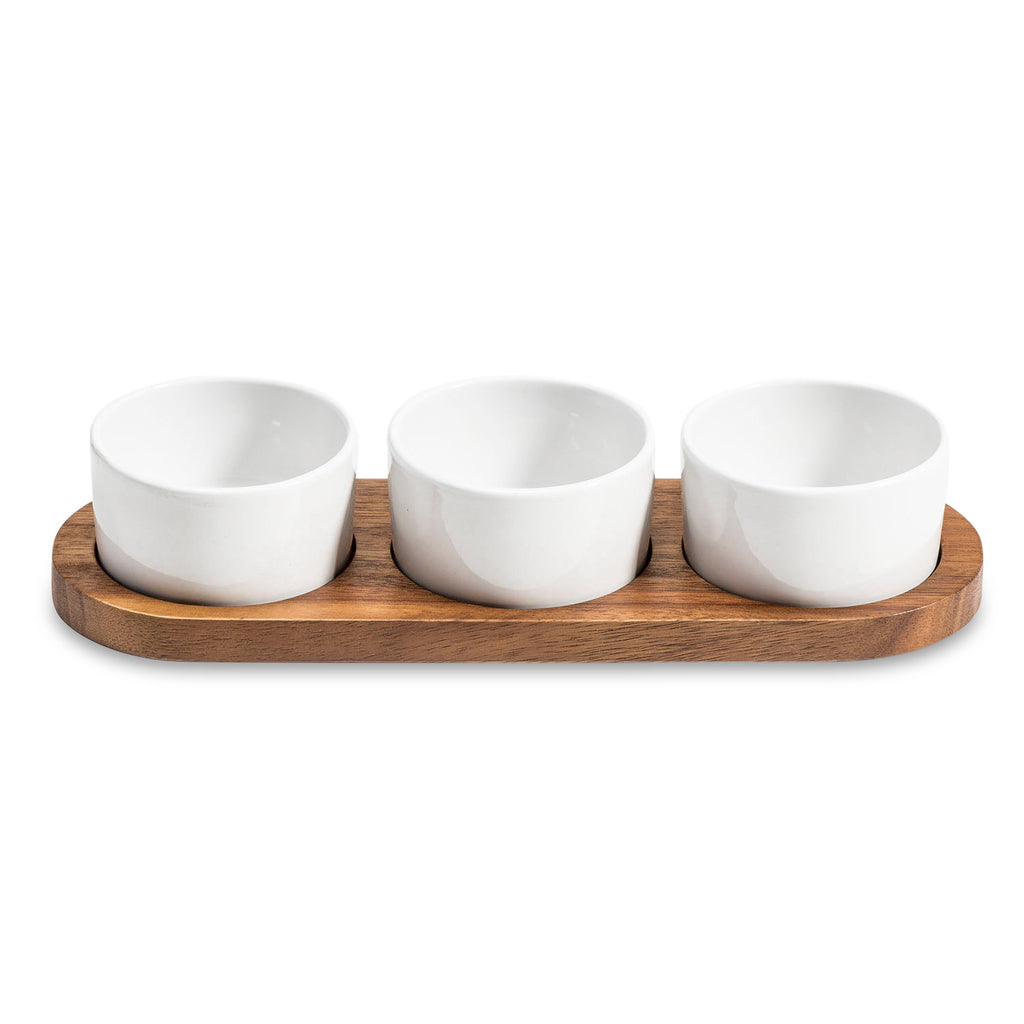 Condiment Serving Set  3 Ceramic Bowls with Lids  13" x 3.75" - greensift