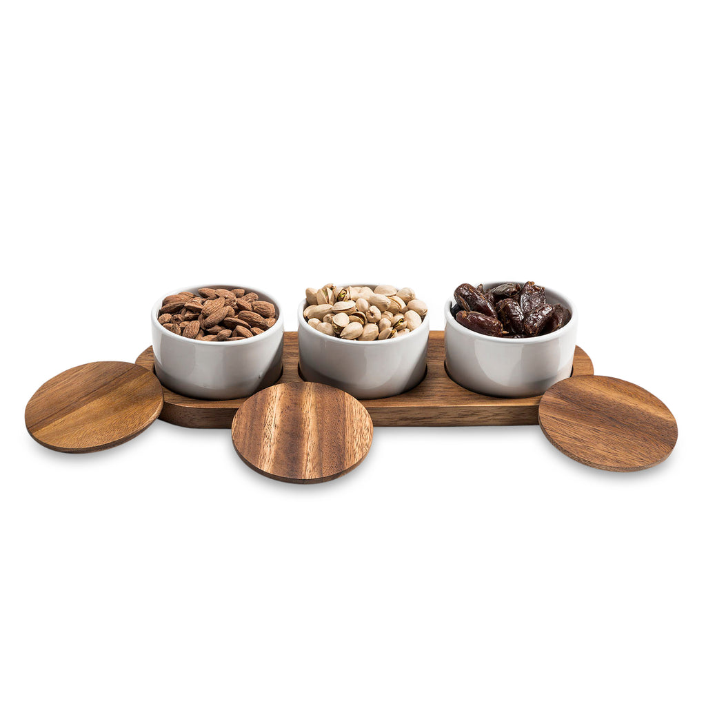 Condiment Serving Set  3 Ceramic Bowls with Lids  13" x 3.75" - greensift
