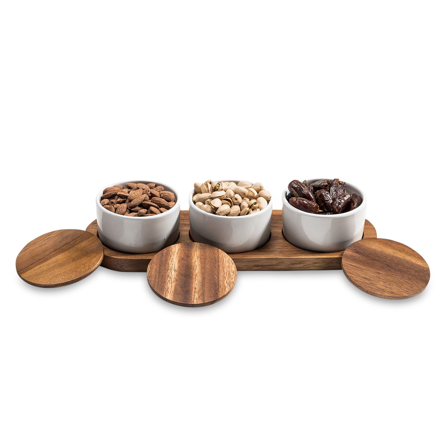 Condiment Serving Set  3 Ceramic Bowls with Lids  13" x 3.75" - greensift